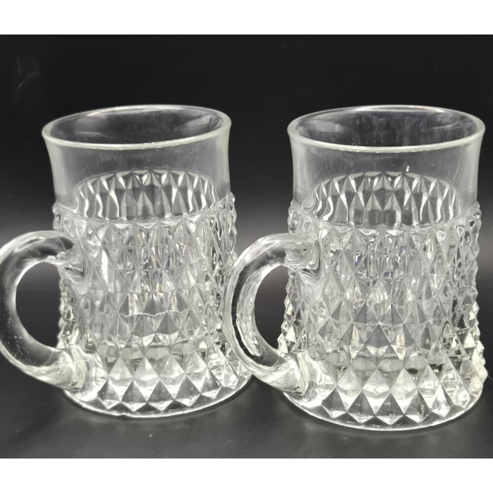 Indiana Glass Diamond Point Clear Glass 4.5" Mug / Stein Set of 2